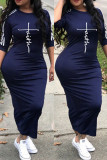 Deep Blue Fashion Casual Print Patchwork O Neck One Step Skirt Dresses