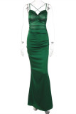 Зеленое модное сексуальное однотонное вечернее платье с открытой спиной и перекрестными ремешками на тонких бретелях