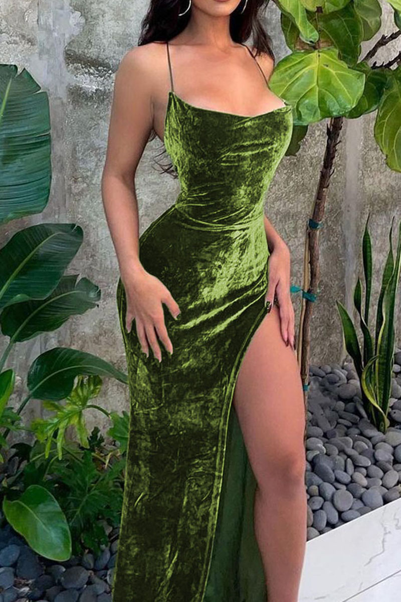 

Green Sexy Elegant Solid Split Joint Backless Slit Halter Straight Dresses