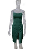 グリーンセクシーなソリッドパッチワークスリットスパゲッティストラップワンステップスカートドレス