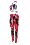Red Sexy Print Patchwork Backless Halter Sleeveless Two Pieces