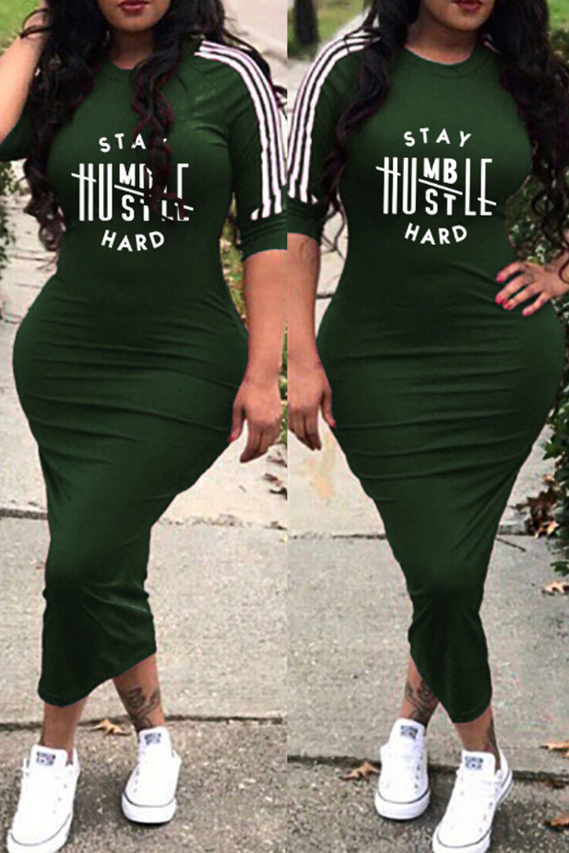 

Army Green Fashion Casual Letter Print Split Joint O Neck Dresses