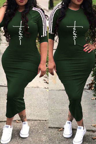 Армейский зеленый модный повседневный принт в стиле пэчворк с круглым вырезом и одной ступенькой, юбка, платья