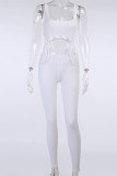Witte sexy casual effen uitgeholde riem ontwerp U-hals skinny jumpsuits