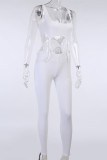 Witte sexy casual effen uitgeholde riem ontwerp U-hals skinny jumpsuits