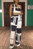 Grey Sexy Casual Print Vests Pants One Shoulder Sleeveless Two Pieces