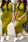 バーガンディ ファッション カジュアル プリント パッチワーク O ネック ワン ステップ スカート ドレス