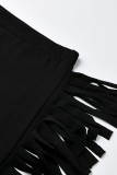 Black Casual Solid Tassel Patchwork Skinny High Waist Pencil Solid Color Bottoms