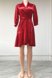 Красные модные повседневные однотонные лоскутные платья с отложным воротником и длинными рукавами