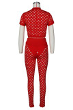 Red Fashion Sexy Solid Hollowed Out See-through Half A Turtleneck Short Sleeve Two Pieces