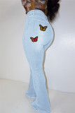 Mörkblått Mode Casual Butterfly Print Vanliga jeans med hög midja