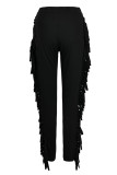 Pantalones casuales de retazos de borlas sólidas de cintura alta lápiz de color sólido negro