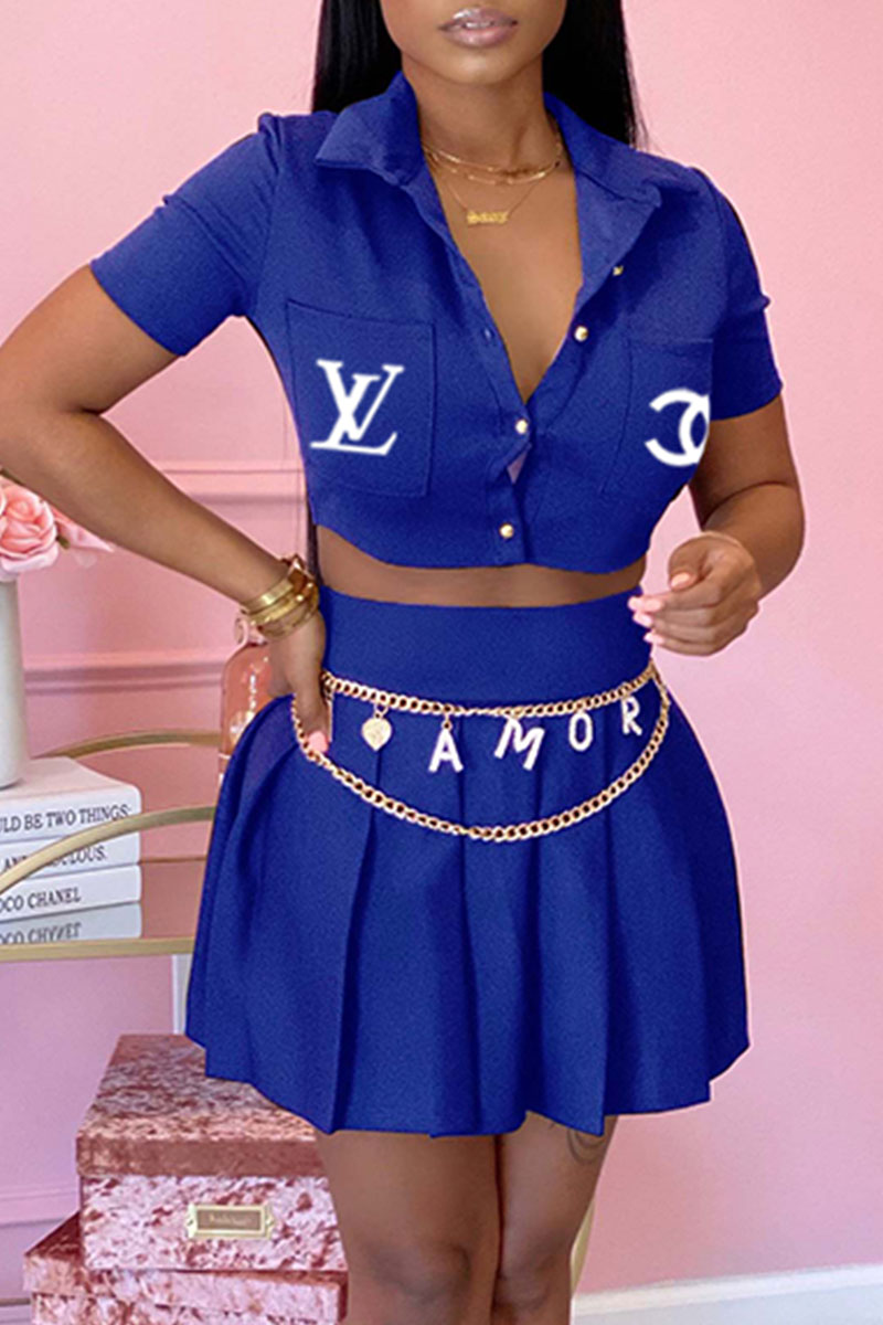 

Blue Fashion Street Letter Split Joint Turndown Collar Short Sleeve Two Pieces