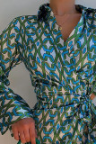 Blue Fashion Casual Print Bandage Patchwork V Neck Straight Dresses