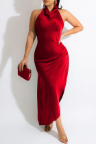 Красное модное сексуальное однотонное платье без рукавов с открытой спиной и лямкой на шее