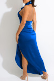 ブルー ファッション セクシー ソリッド バックレス ホルター ノースリーブ ドレス ドレス