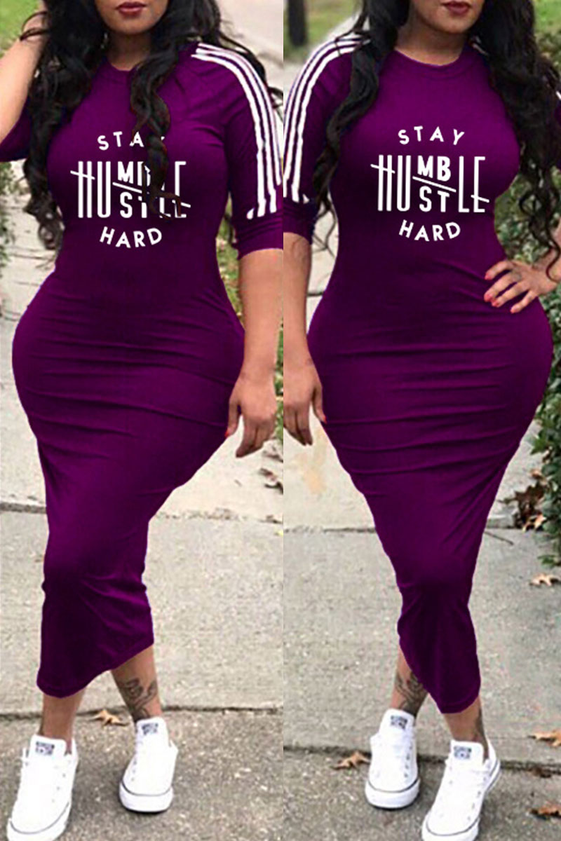 

Purple Fashion Casual Letter Print Split Joint O Neck Dresses