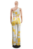 Jaune Sexy Casual Print Gilets Pantalons Une Épaule Sans Manches Deux Pièces