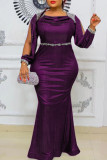 Vestido de noche de cuello redondo ahuecado con perforaciones en caliente de retazos de talla grande de moda púrpura