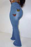 Donkerblauwe, modieuze, casual jeans met vlinderprint en hoge taille, normale denim