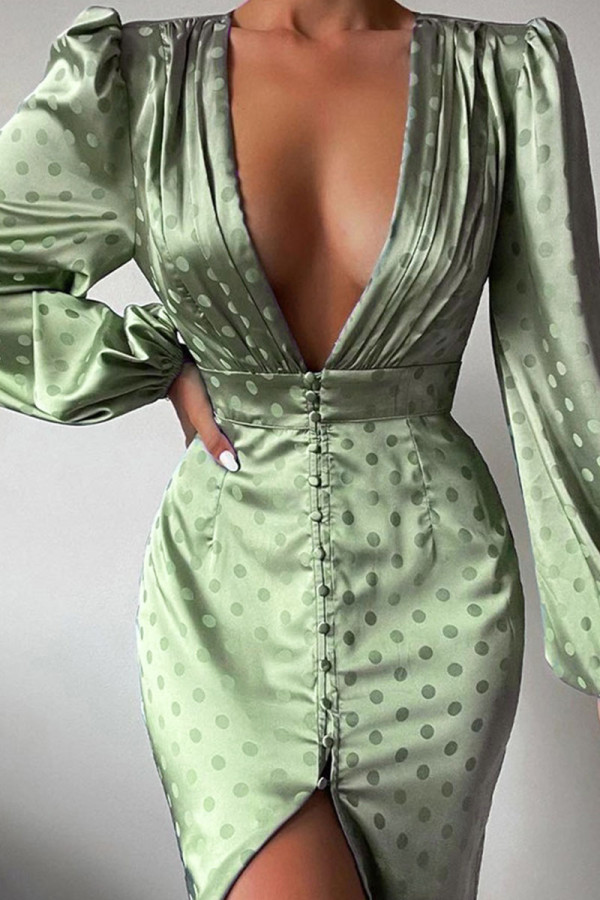 Green Elegant Print Patchwork Slit Fold V Neck Straight Dresses