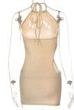 ベアカラーセクシーなソリッドくり抜かれたパッチワーク背中の開いたホルターペンシルスカートドレス