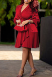 レッド ファッション カジュアル ソリッド パッチワーク ターンダウン カラー ロング スリーブ ドレス