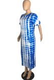 Blau Mode Casual Print Schlitz O-Ausschnitt Kurzarm Kleid Kleider