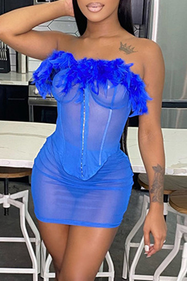 Azul moda sexy patchwork transparente sin espalda sin tirantes sin mangas de dos piezas