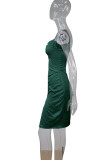 Vestidos de falda de un paso con correa de espagueti con abertura de patchwork sólido sexy verde