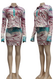 Colour Sexy Print Patchwork Buckle Turndown Collar Long Sleeve Three Pieces