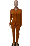 Orange Fashion Casual Solid Draw String Fold Turndown Collar Long Sleeve Two Pieces