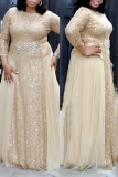 チベットブルーファッションセクシーなパッチワークスパンコールシースルーOネックイブニングドレスプラスサイズのドレス