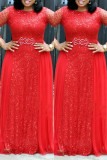 チベットブルーファッションセクシーなパッチワークスパンコールシースルーOネックイブニングドレスプラスサイズのドレス