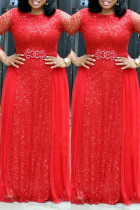 Lentejuelas de retazos sexy de moda roja Vestido de noche con cuello en O transparente Vestidos de talla grande