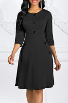 ブラック ファッション カジュアル ソリッド ベーシック Oネック Aライン ドレス
