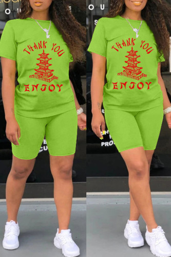 Fluorescent Color Fashion Casual Print Basic O Neck Short Sleeve Two Pieces