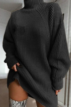 Vestidos de manga longa casual cinza escuro moda básica sólida gola alta