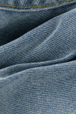 Голубые джинсовые пуговицы без рукавов с высоким отверстием Твердые старые прямые брюки в стиле пэчворк Брюки