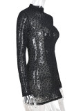Black Sexy Print Leopard Patchwork See-through Half A Turtleneck One Step Skirt Dresses