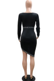 Black Sexy Solid Patchwork Asymmetrical Hot Drill V Neck One Step Skirt Dresses