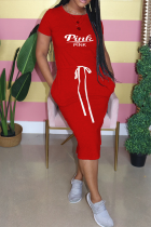 Robes de jupe de taille à col en V à imprimé décontracté rouge