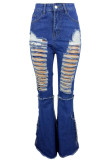 Blauwe mode casual effen gescheurde grote maat jeans