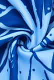 Синий Повседневный С принтом бабочки Пэчворк Круглый вырез Длинный рукав Из двух частей