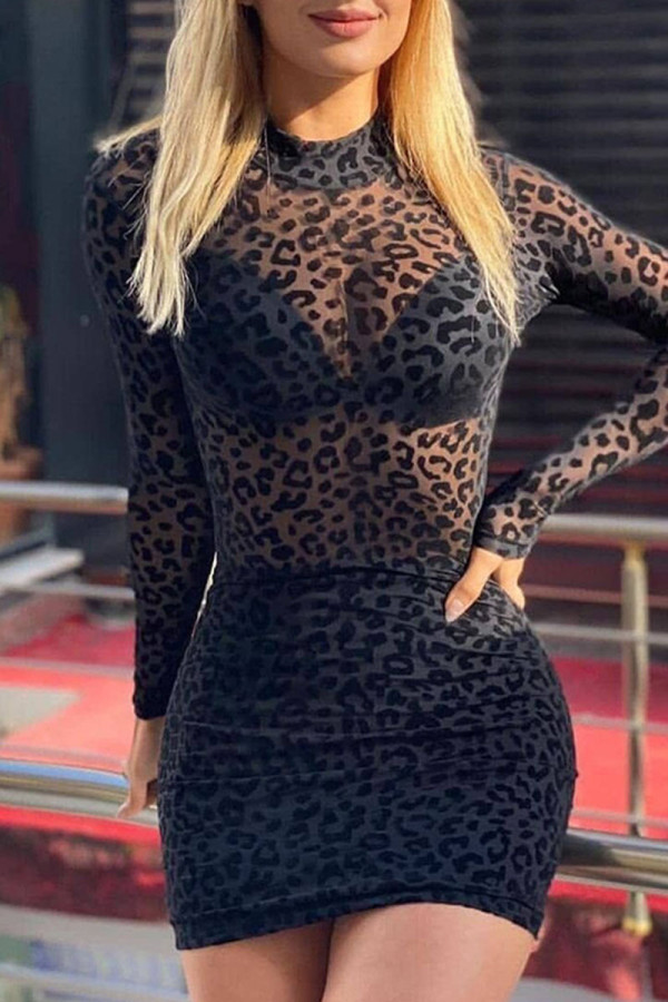 Negro sexy estampado leopardo patchwork transparente medio cuello alto un paso falda vestidos