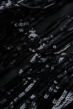 Terno de duas peças preto sexy sólido de lantejoulas patchwork borla reta sem manga de duas peças curta