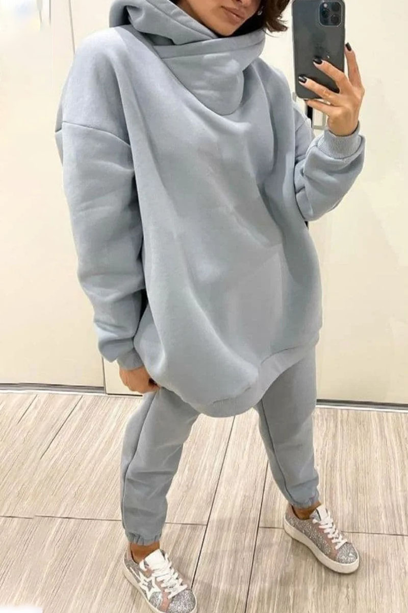 

Light Gray Casual Solid Split Joint Hooded Collar Long Sleeve Two Pieces