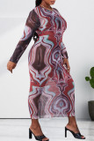 マルチカラーファッションカジュアルプリントシースルーOネック長袖プラスサイズのドレス