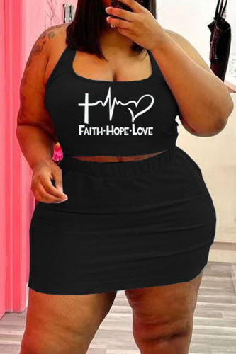 Black Sexy Casual Print Basic U Neck Plus Size Two Pieces