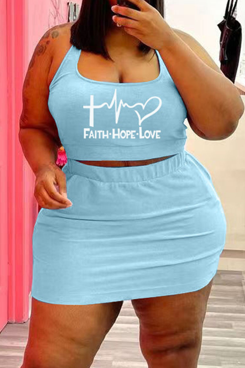 

Light Blue Sexy Casual Print Basic U Neck Plus Size Two Pieces